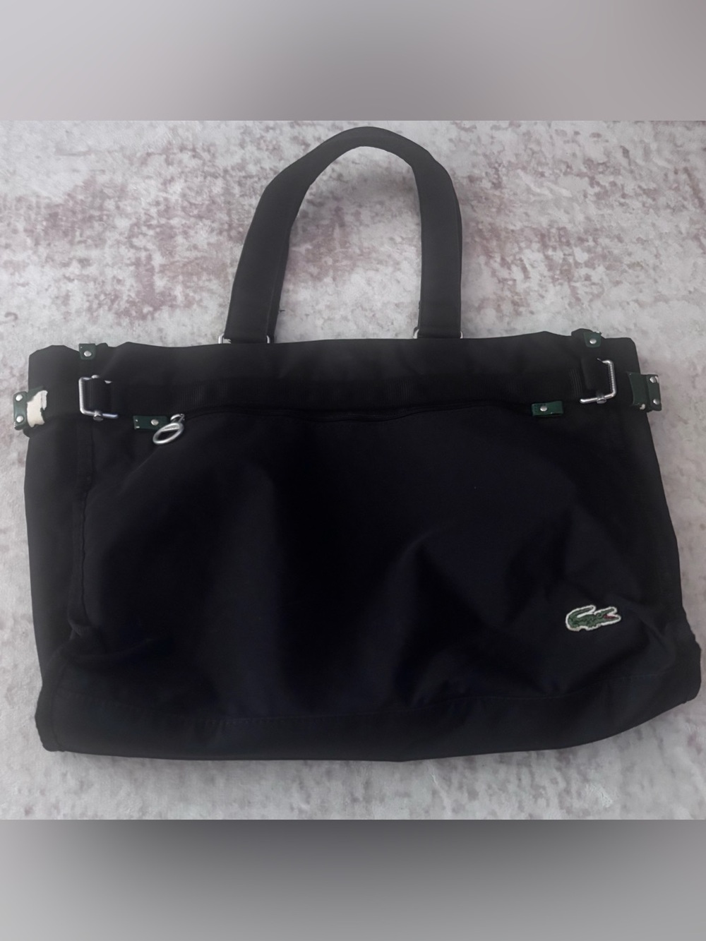 Lacoste Black Nylon Utility Tote Shoulder Bag Mesh Pocket Y2K